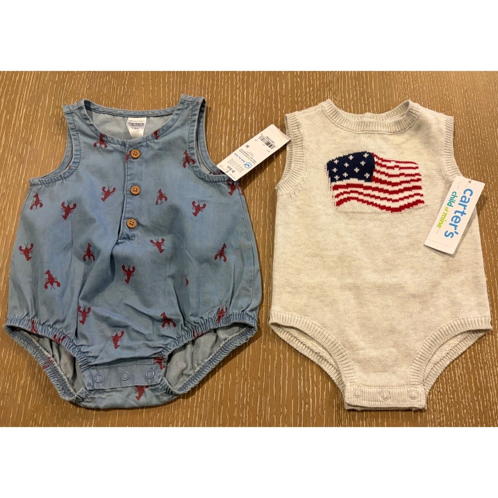 Carter's Baby Girl 0-3M NWT 2 Piece Lobster Romper American Flag Sweater Vest